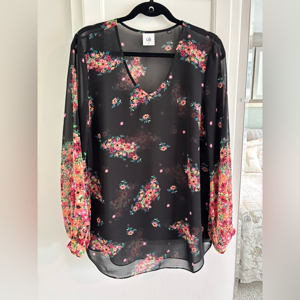 CAbi Black Blouse with Colorful Floral Design